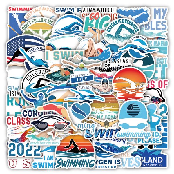 

pack of 50pcs wholesale outdoor swimming stickers no-duplicate waterproof for luggage skateboard notebook helmet water bottle phone car deca