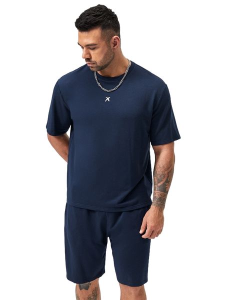 

extended sizes men graphic print tee & drawstring waist shorts y9ax#, Gray