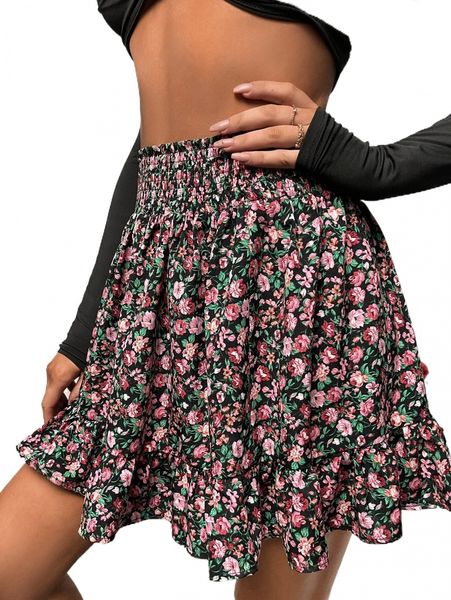 

allover floral print ruffle hem skirt g9ax#, Black