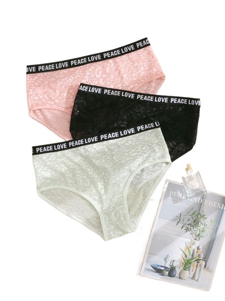 

plus 3pack letter graphic lace panty c7ll#, Black;white