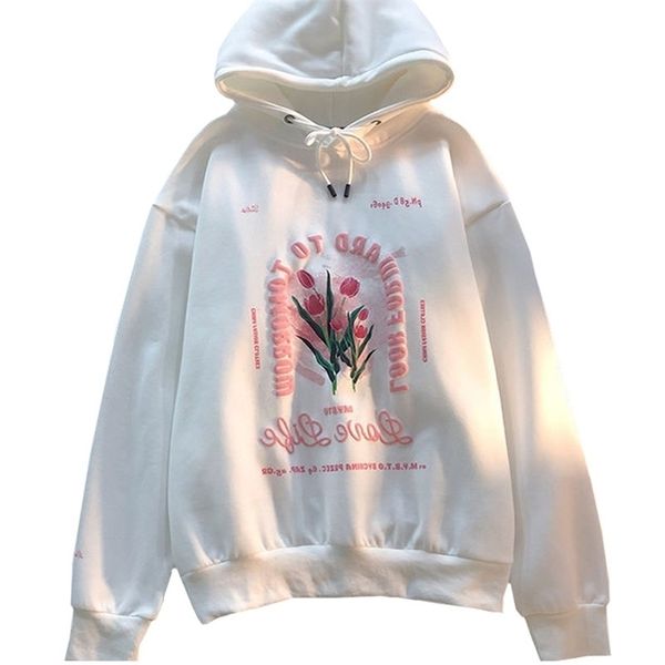 

autumn winter casual white lady hoodie women sweatshirt harajuku print pink beautiful tulip female pullover letter fashion coat 220809, Black