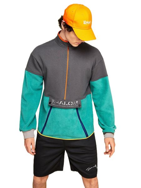 

x shalom men color block slogan embroidery drop shoulder pullover k1nl#, Black