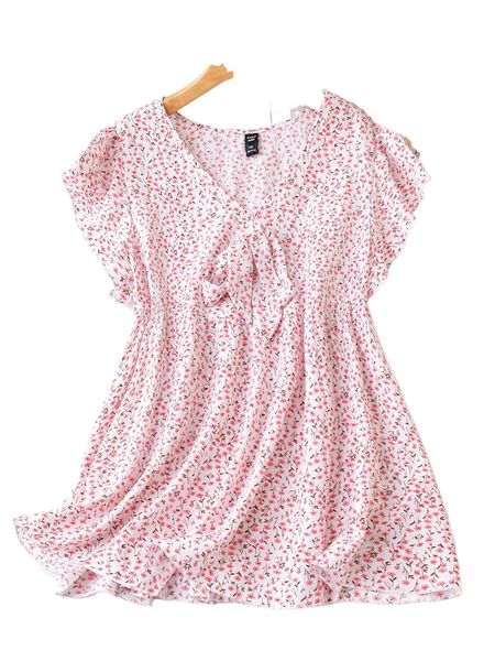 

plus ditsy floral butterfly sleeve knot front peplum blouse k4ka#, Black