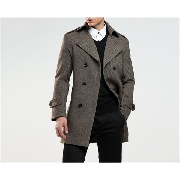 

obrix classic male smart casual style coat v neck full sleeve double breasted herringbone pattern formal coat for men lj201110, Black