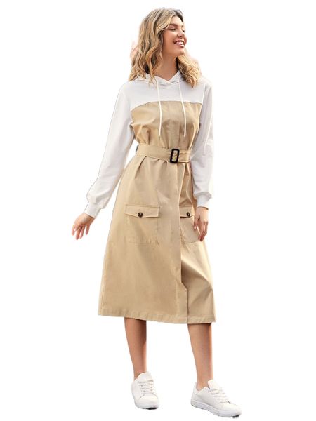 

1pc flap pocket belted colorblock hooded dress j2lu#, Black;gray