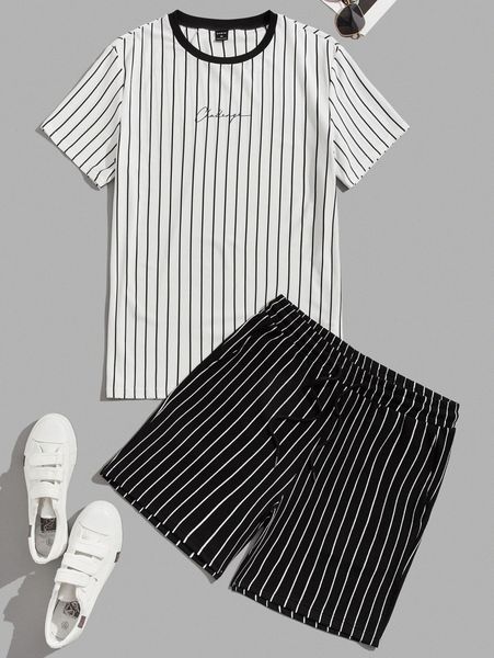 

men letter graphic striped & shorts set d9wm#, Gray