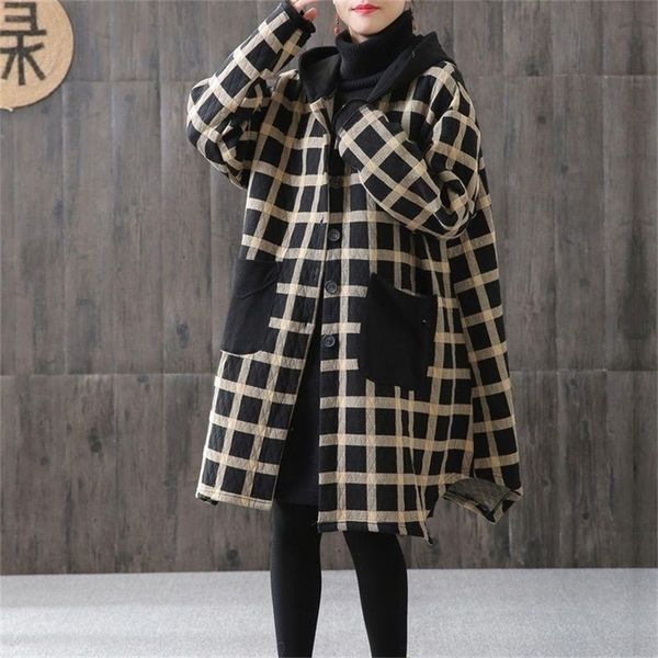 

johnature women plaid yellow vintage parkas irregular hooded coats autumn button pockets female chinese style parkas 201214, Black