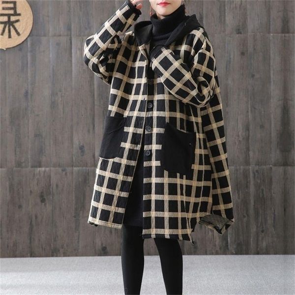 Johnature Frauen Plaid Gelb Vintage Parkas Unregelmäßige Kapuzenmäntel Herbst Knopftaschen Weibliche Chinesische Stil Parkas 201214