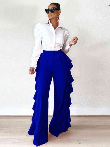 

double side cascading ruffles long pants ladies high waisted wide leg trousers office lady flare legging capris red black blue, White