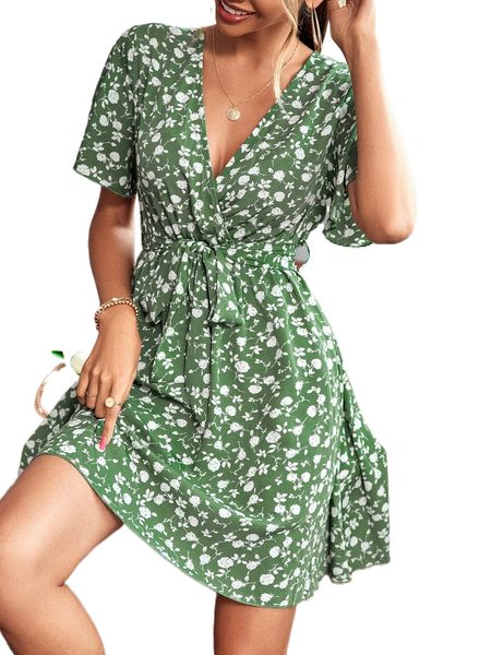 

ditsy floral surplice neck belted dress p94l#, Black;gray
