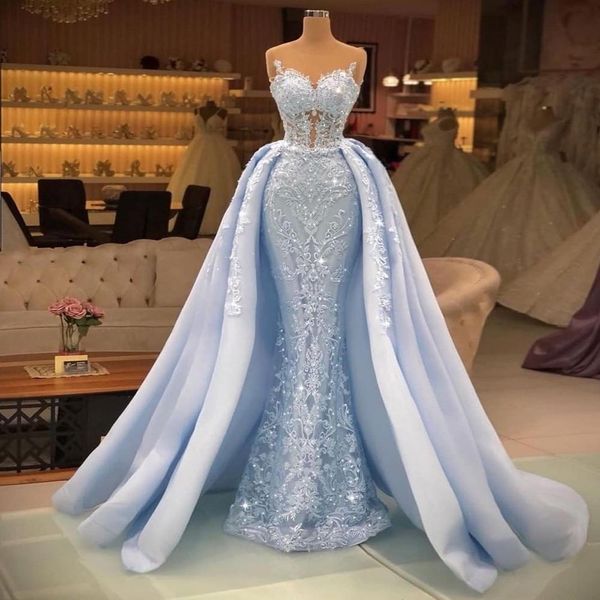 

light sky blue lace mermaid prom dresses jewel neckline beaded evening gowns with detachable train tulle formal dress for women, Black