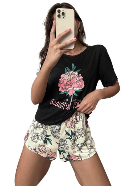 

floral & letter graphic pj set 37og#, Black;red