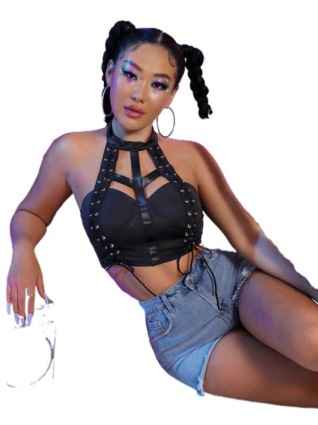 

grommet lace up front backless crop halter p8al#, White