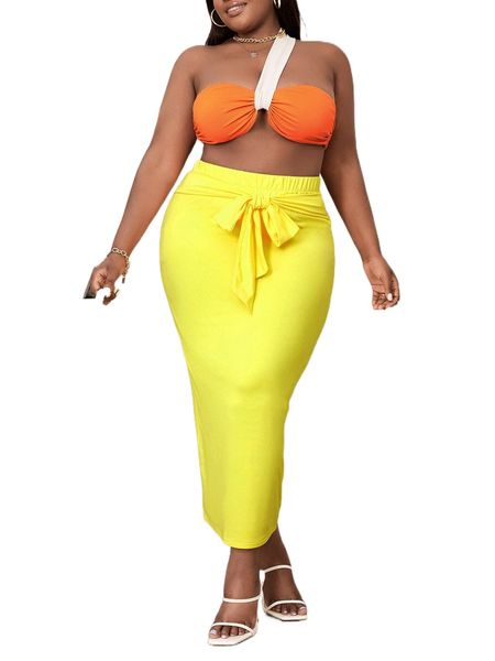 

sxy plus colorblock one shoulder & tie front skirt f5xu#, Black