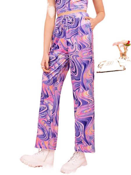 

high waist marble print knot front velvet pants e6pw#, Black;white