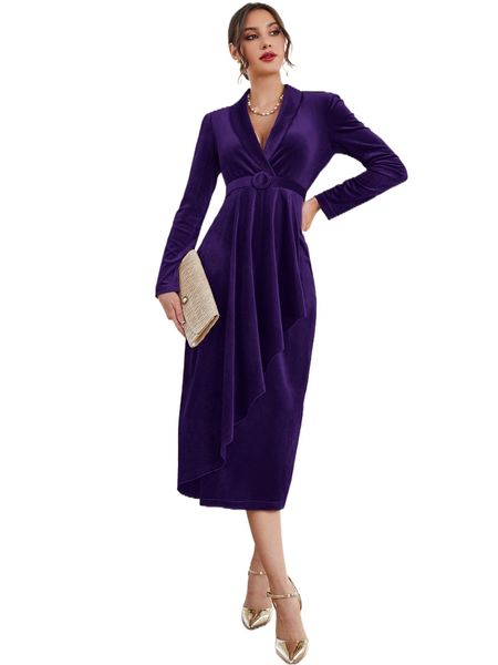 

shawl collar wrap hem belted velvet dress z1en#, Black;gray