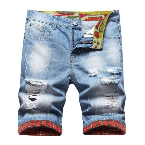 Jeans masculinos Tirada roxa masculino casual cistão shorts xadrez xadrez de bordas com zíper do zíper da calça curta