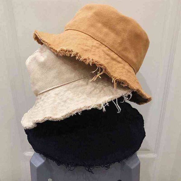 Koreanische Frauen Freizeit Sonnencreme Baumwolle Eimer Hut Vintage Distressed Ausgefranste Quasten Breite Krempe Einfarbig Packbare Fischer Kappe G220418