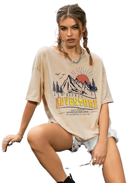 

mountain and slogan graphic drop shoulder tee m3pn#, White