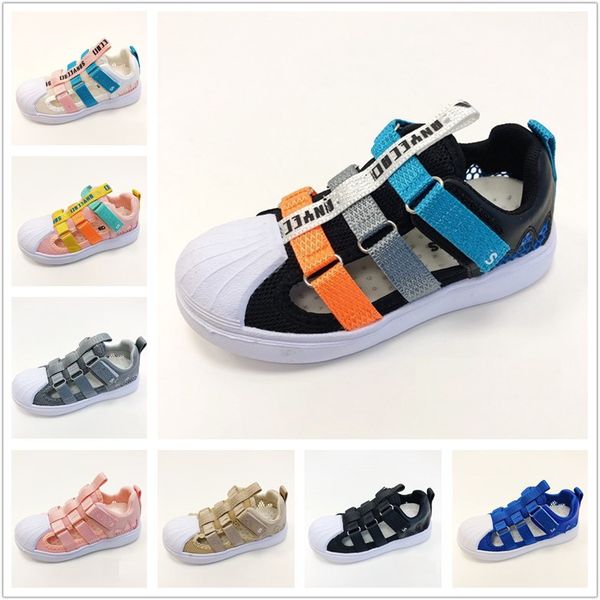 

candy colors kids boys girls hook loop sandals designers letters printed closed toe outdoor summer beach travel slippers slides pink black g