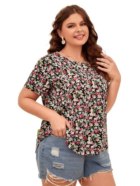 

plus allover floral print blouse r9s4#, Black