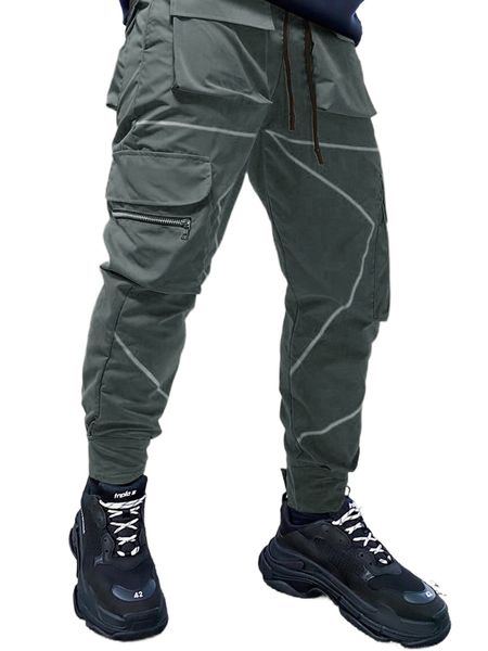 

men reflective binding drawstring waist cargo pants f2uo#, Black