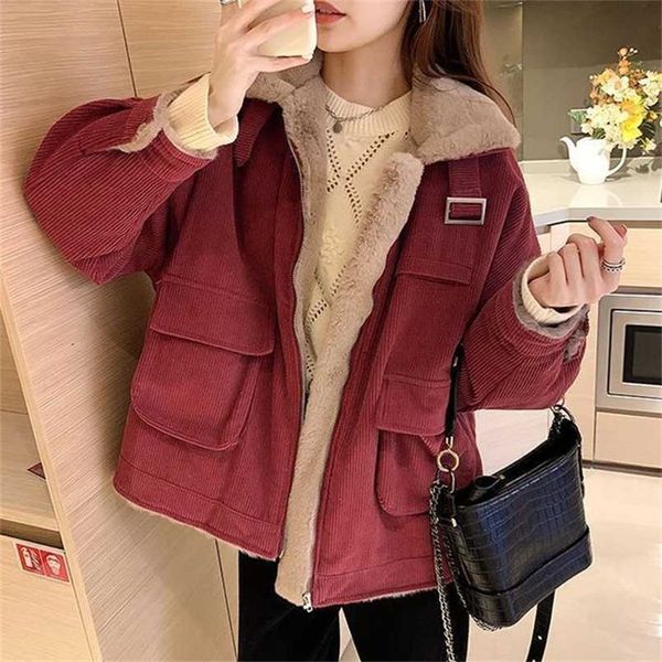 

lucyever thicken women's winter jacket korean loose all-match corduroy coat for women oversize casual zipper warm plush overcoat 211120, Black