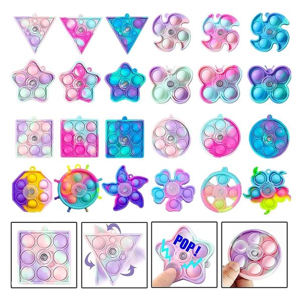24 Pack Pop Fidget Spinner Keychain Toys Definir Push Bubble Sensory Stress Relief Pers Fidgets Spinners Party Favors Gift 220719