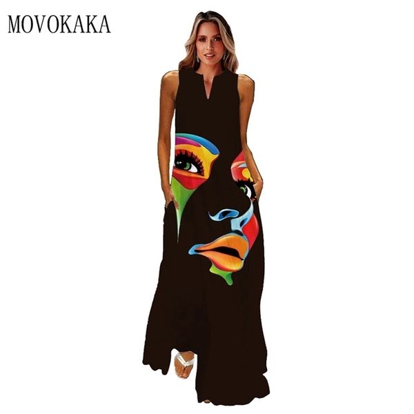 

movokaka human face printed black dress elegant casual vintage es woman summer beach sleeveless girls long women 220330, Black;gray