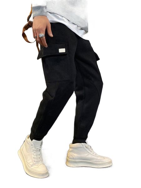 

men patched detail flap pocket side sweatpants 53a0#, Black