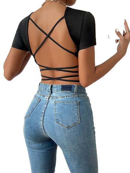 

lace up backless crop tee u67g#, White