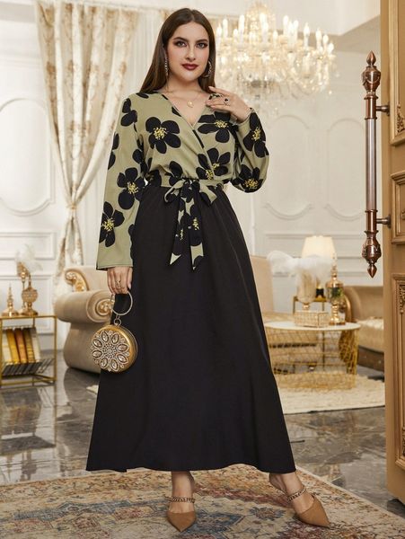 

plus floral print surplice neck belted dress i9t8#, Black