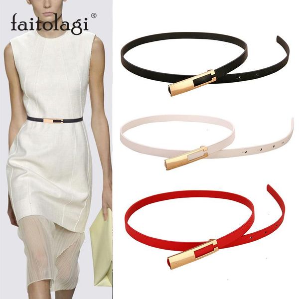 

pu leather thin women belt metal buckle waist belts for dresses straps black white female waistband, Black;brown