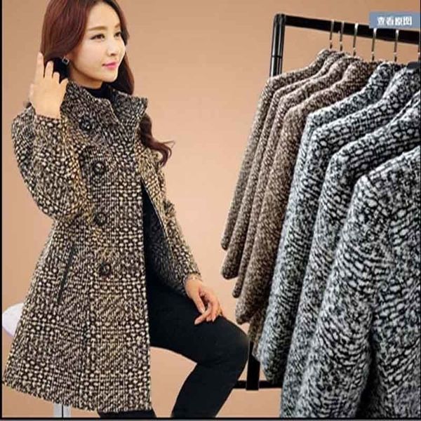 

autumn winter women jacket wool coat plaid woolen coat female middle long mother y201012, Black