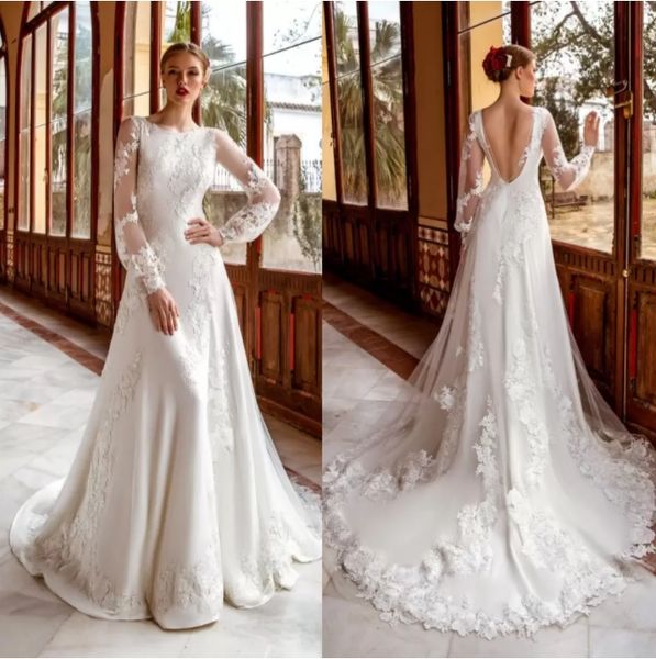 Abiti da sposa a-line bianchi collo alto manica lunga pizzo raso chiffon volant appliques paillettes senza schienale lunghezza del pavimento taglie forti abiti da sposa bohémien su misura