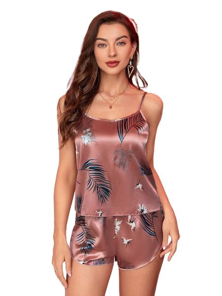 

bird & tropical print satin sleep cami & sleep shorts 87ib#, Black;red