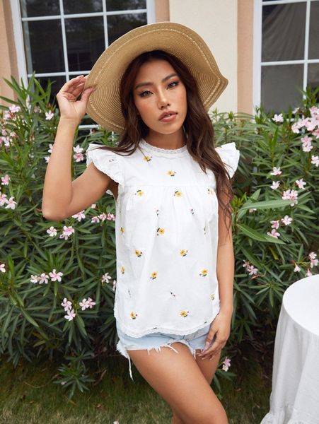 

floral embroidered ruffle trim p08m#, White