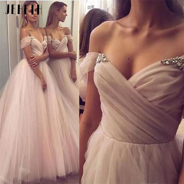 

jeheth luxury blush pink prom dresses off the shoulder with beading pleat sweetheart aline tulle elegant evening gown 220627, White;black