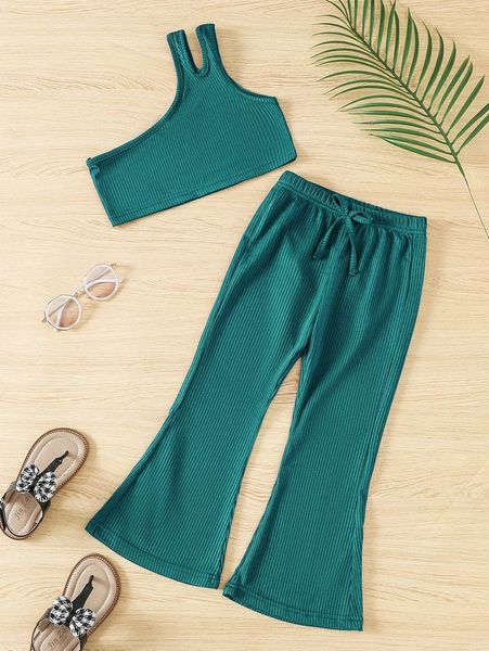 

toddler girls one shoulder cut out crop & bow front flare leg pants she, White