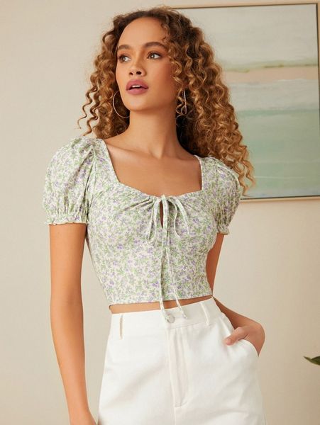 

ditsy floral tie front h8su#, White