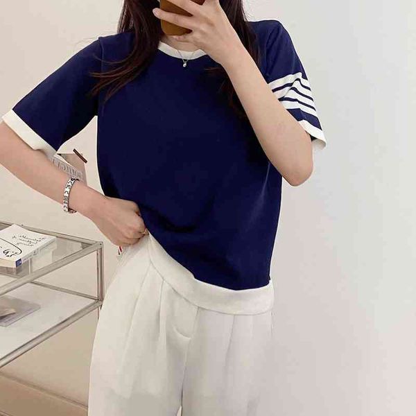 

summer new tb college style tee four bar loose thin contrast t-shirt women's ice silk round neck knitted short sleeve cotton classic de, White