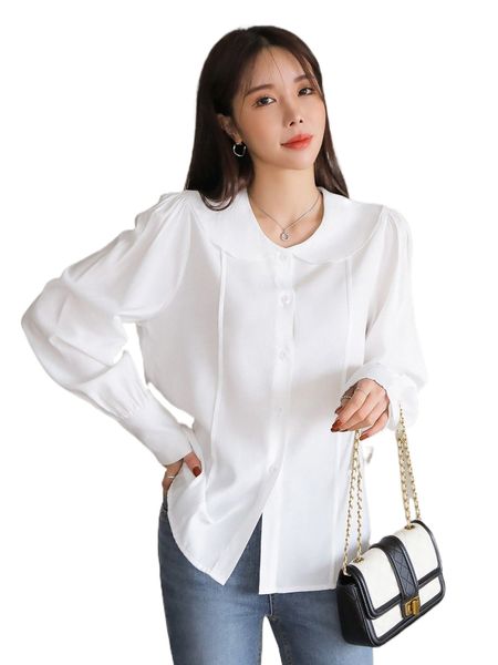 

dazy puff sleeve seam detail button front blouse x7ng#, White