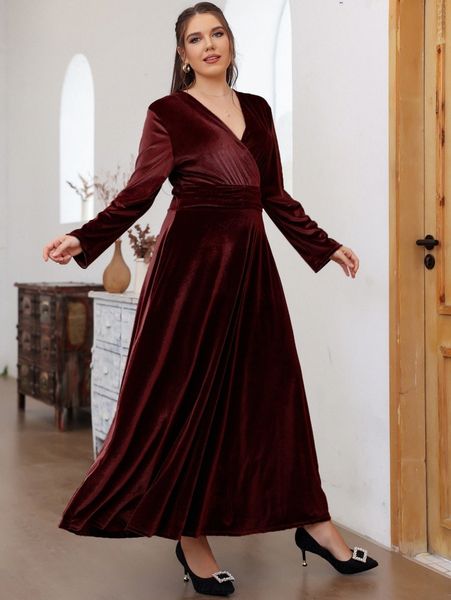 

plus surplice neck ruched waist velvet dress j7y2#, Black