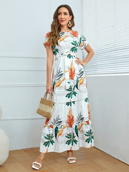 

plants print ring belted ruffle hem dress g8oo#, Black;gray