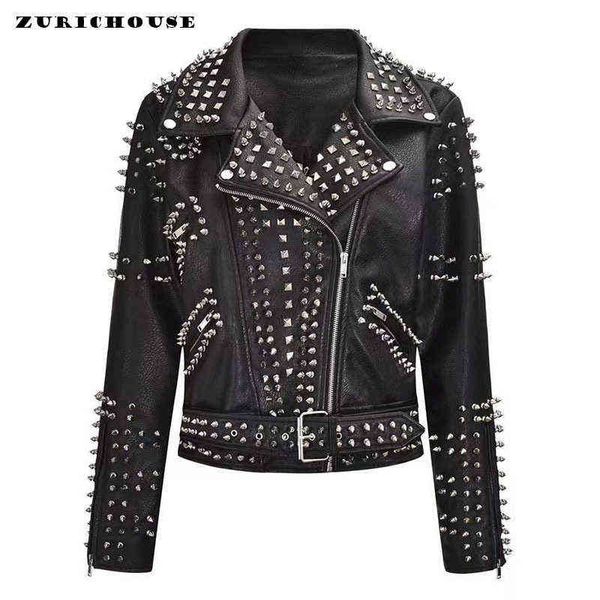 Rock Damen Lederjacke Schlank Kurz Streetwear Gothic Stickerei PU Leder Lokomotive Mantel L220728