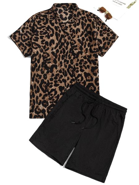 

men leopard print shirt & drawstring waist shorts d7ax#, Gray