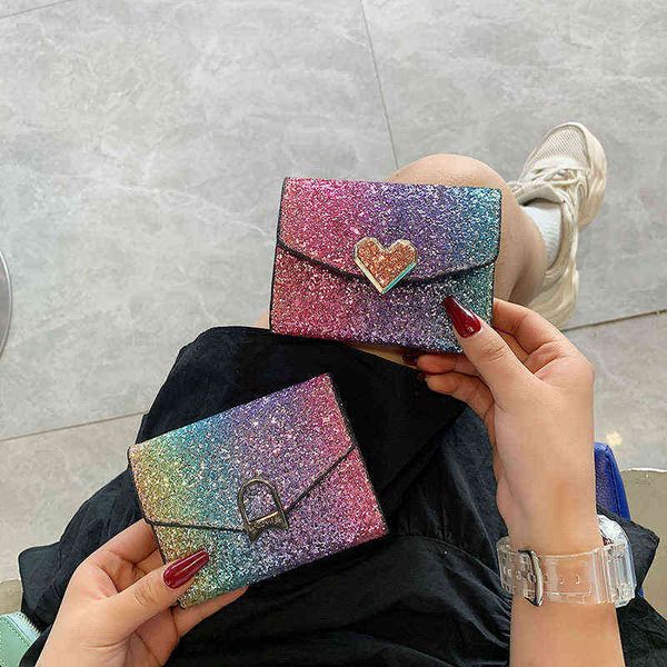 

wallet women's short multi card high sense ins niche thin three fold buckle student sequin hand change 220712, Red;black
