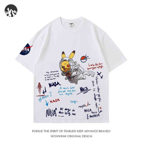 

nasa astronaut t-shirt men's joint short sleeve ins fashion cartoon pure cotton couple student summer clothing bottoms, White;black