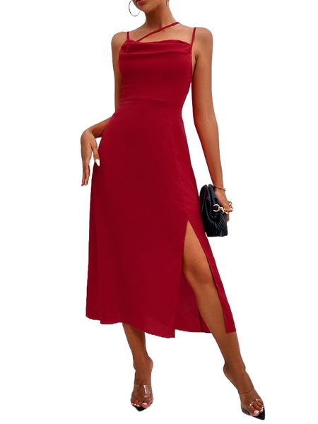 

solid split thigh cami dress 48vd#, Black;gray