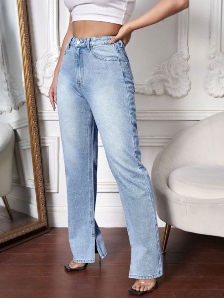 

high waist split hem jeans c66k#, Blue